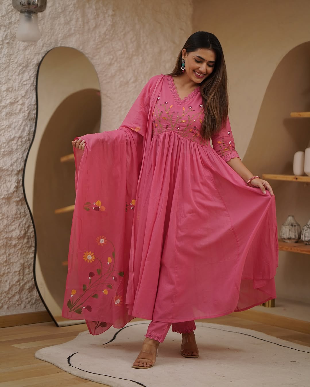 Cotton Pink Embroidery Floral Anarkali Set - pasoya