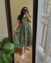 Dusty Green Cotton Lotus Print Dress - pasoya