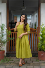 Green Printx Work Cotton Embroidery Pleated Midi Dress - pasoya