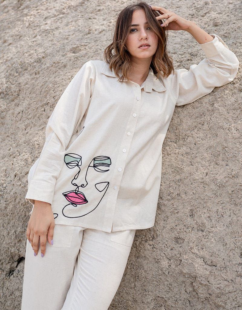Off White Embroidered Cotton Flex Co - Ord Set - pasoya