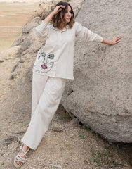 Off White Embroidered Cotton Flex Co - Ord Set - pasoya