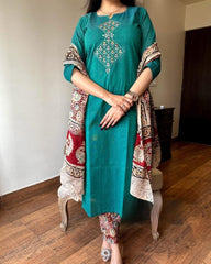 Persian Green Embroidered Handloom Cotton Suit Set with Dupatta - pasoya