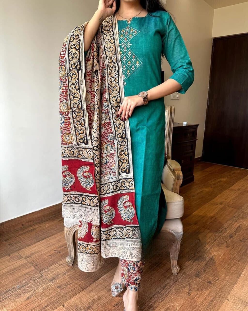 Persian Green Embroidered Handloom Cotton Suit Set with Dupatta - pasoya