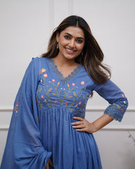 Serenity Cotton Blue Floral Anarkali Set - pasoya