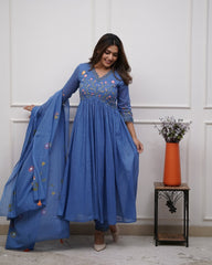 Serenity Cotton Blue Floral Anarkali Set - pasoya