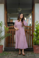 Soft Blush Pink Printx Work Cotton Embroidery Pleated Midi Dress - pasoya