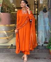 Sunset Glow Cotton Embroidered Kurti, Pant And Organza Dupatta Set - pasoya