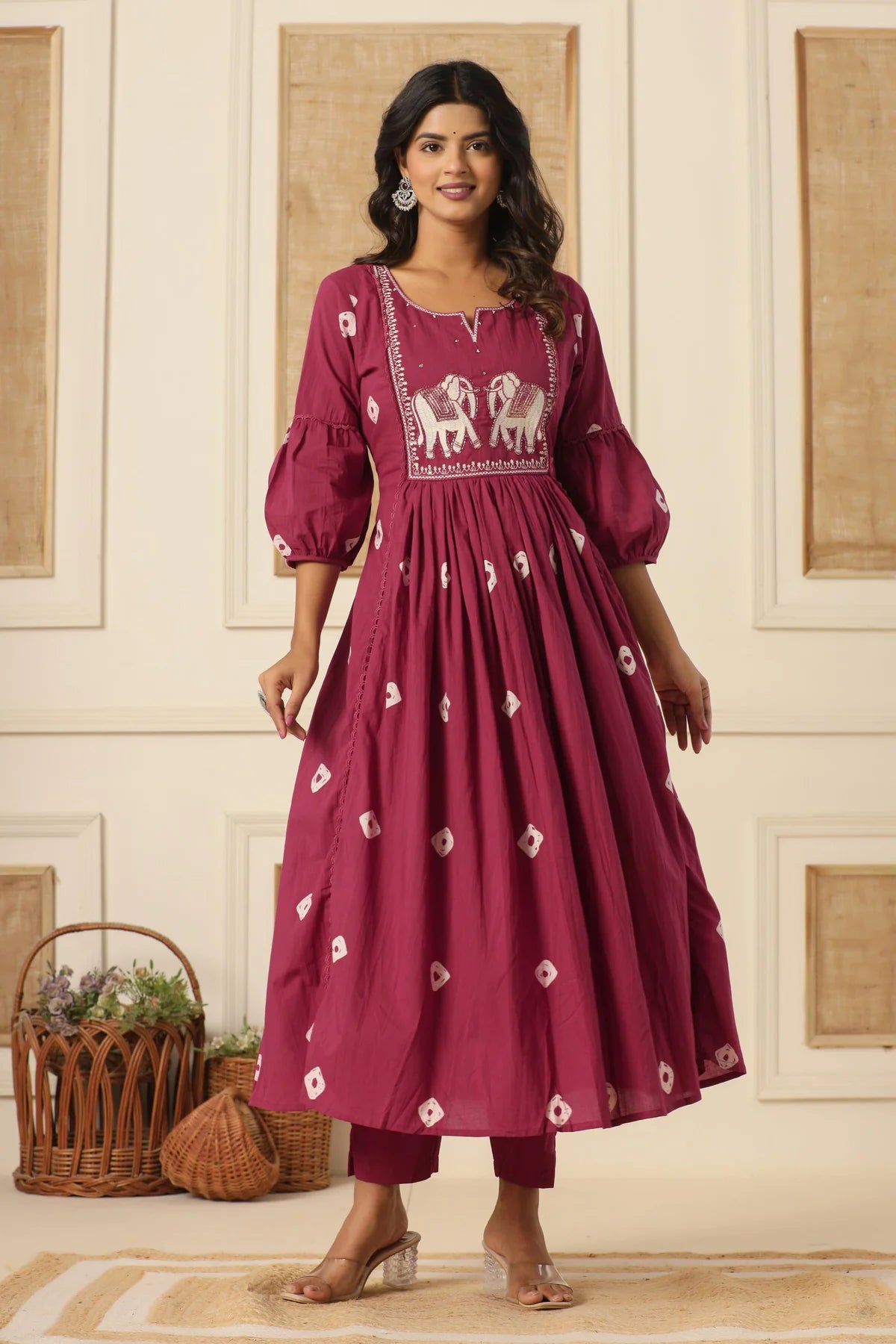 Maroon Cotton Embroidered Kurti Pant And Dupatta Set