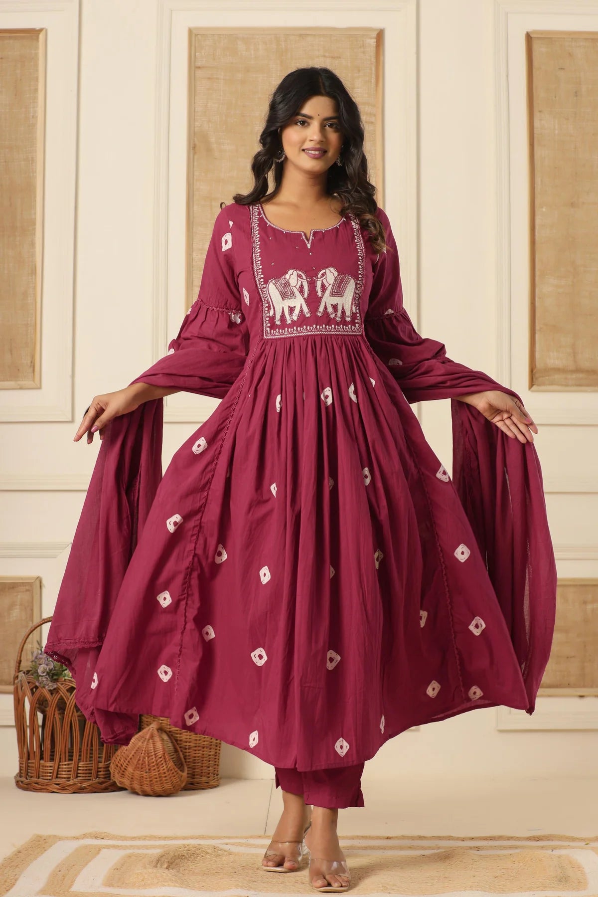 Maroon Cotton Embroidered Kurti Pant And Dupatta Set