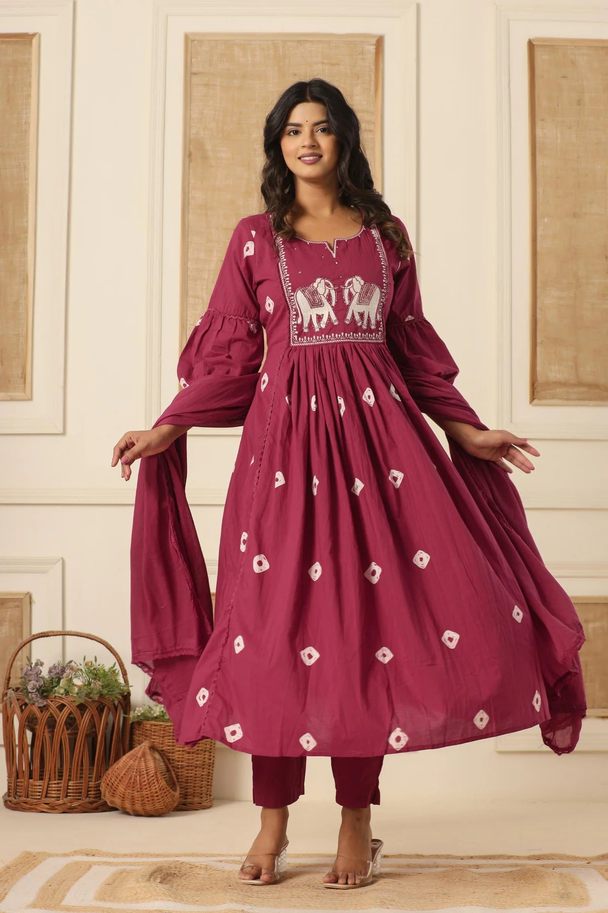 Maroon Cotton Embroidered Kurti Pant And Dupatta Set