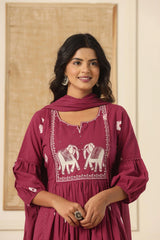 Maroon Cotton Embroidered Kurti Pant And Dupatta Set