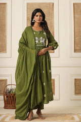 Dark Green Cotton Embroidered Kurti Pant And Dupatta Set