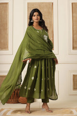 Dark Green Cotton Embroidered Kurti Pant And Dupatta Set