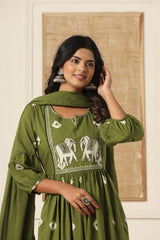 Dark Green Cotton Embroidered Kurti Pant And Dupatta Set