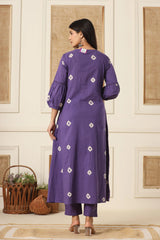 Plum Purple Cotton Embroidered Kurti Pant And Dupatta Set