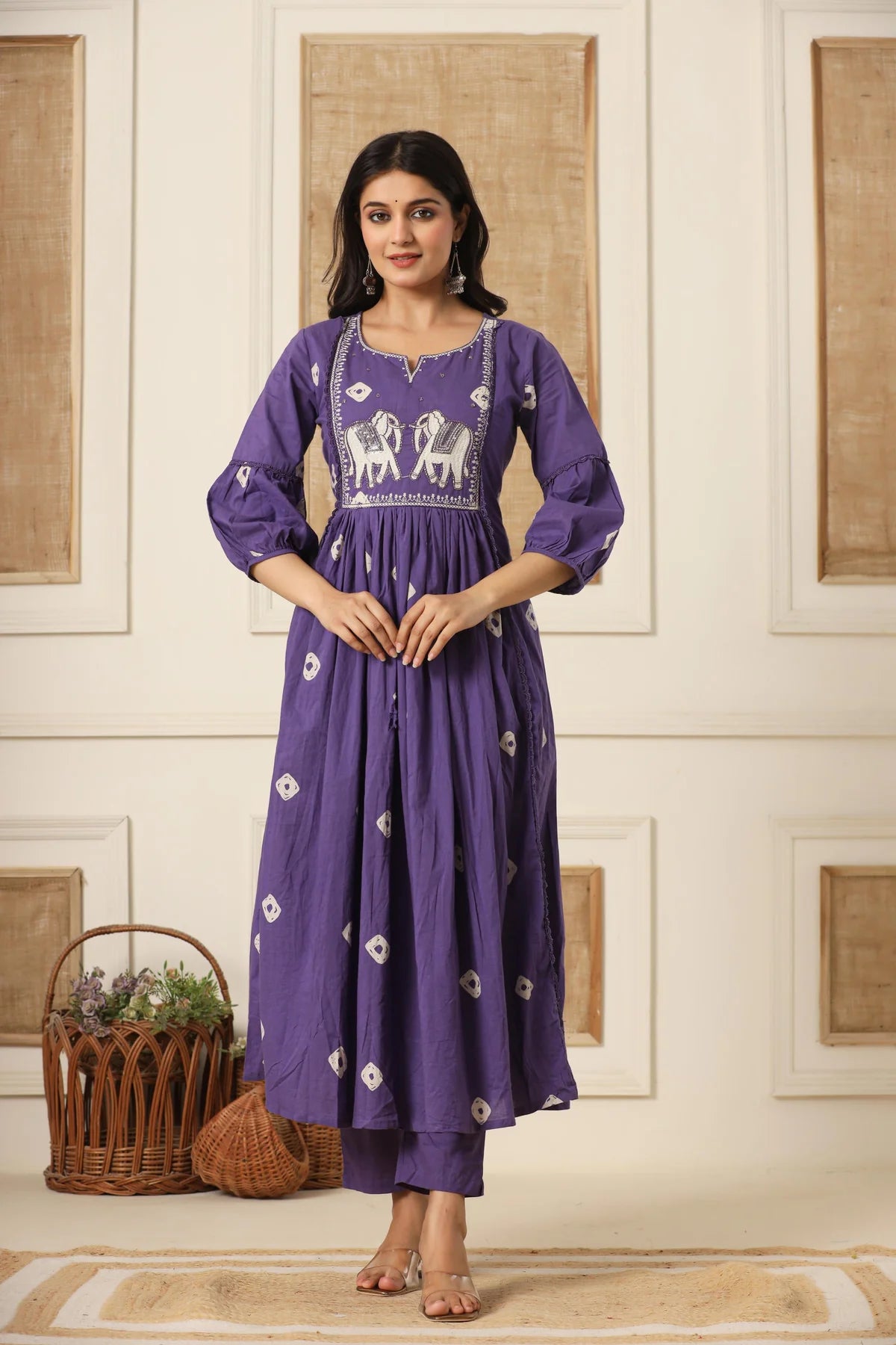 Plum Purple Cotton Embroidered Kurti Pant And Dupatta Set