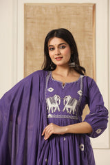 Plum Purple Cotton Embroidered Kurti Pant And Dupatta Set