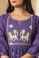 Plum Purple Cotton Embroidered Kurti Pant And Dupatta Set