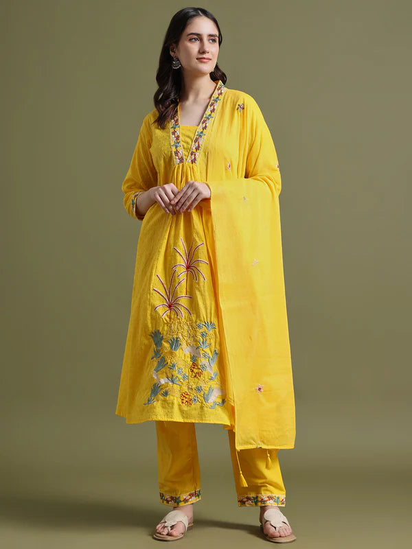 Yellow Embroidered Ram Boota Kurta and Pant Set with Dupatta