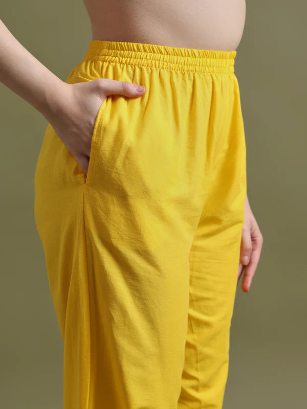 Yellow Embroidered Ram Boota Kurta and Pant Set with Dupatta