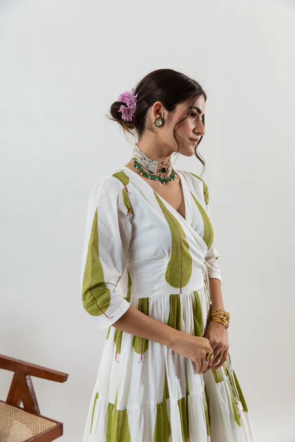 Green Print Cotton Angrakha Style Dupatta Set