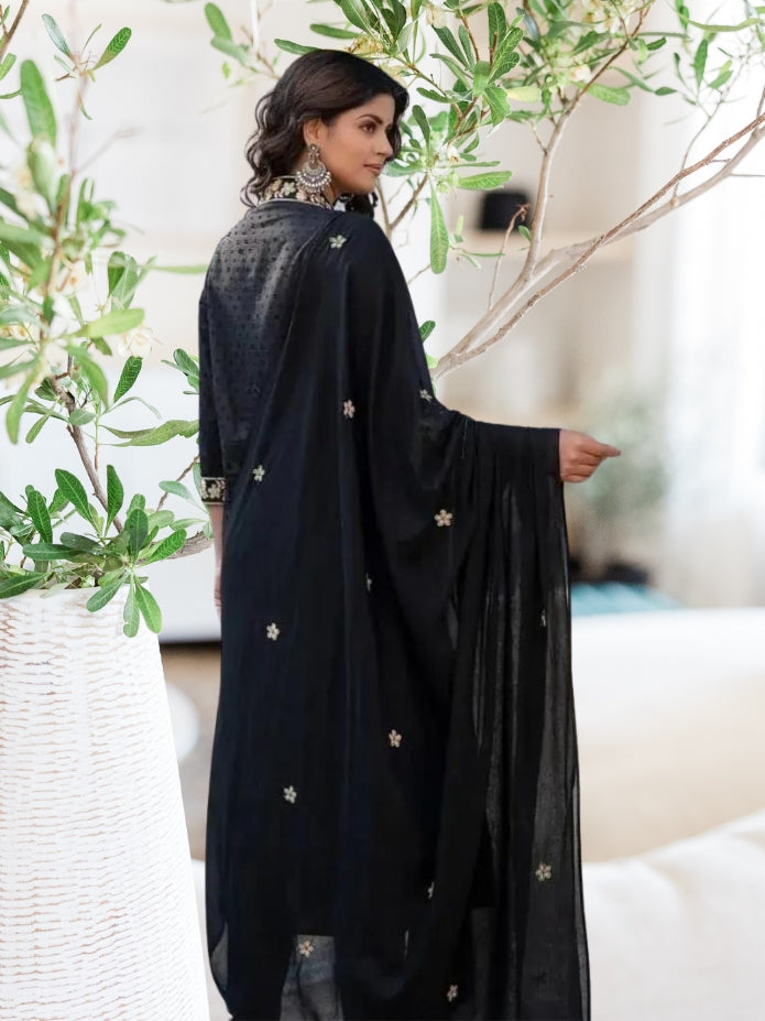 Black Embroidered Ram Boota Kurta and Pant Set with Dupatta