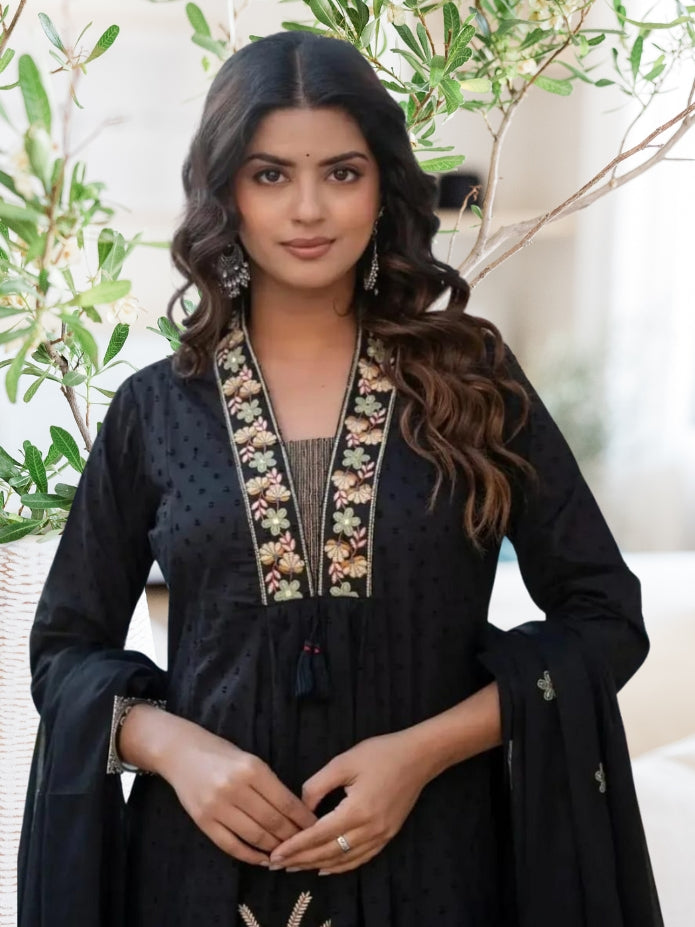 Black Embroidered Ram Boota Kurta and Pant Set with Dupatta