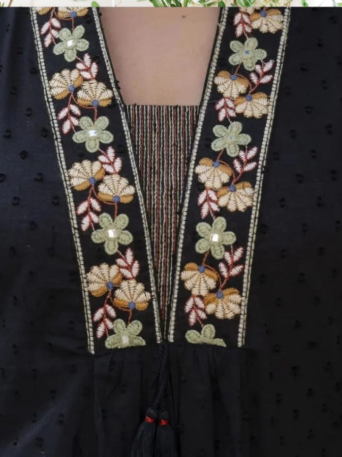 Black Embroidered Ram Boota Kurta and Pant Set with Dupatta