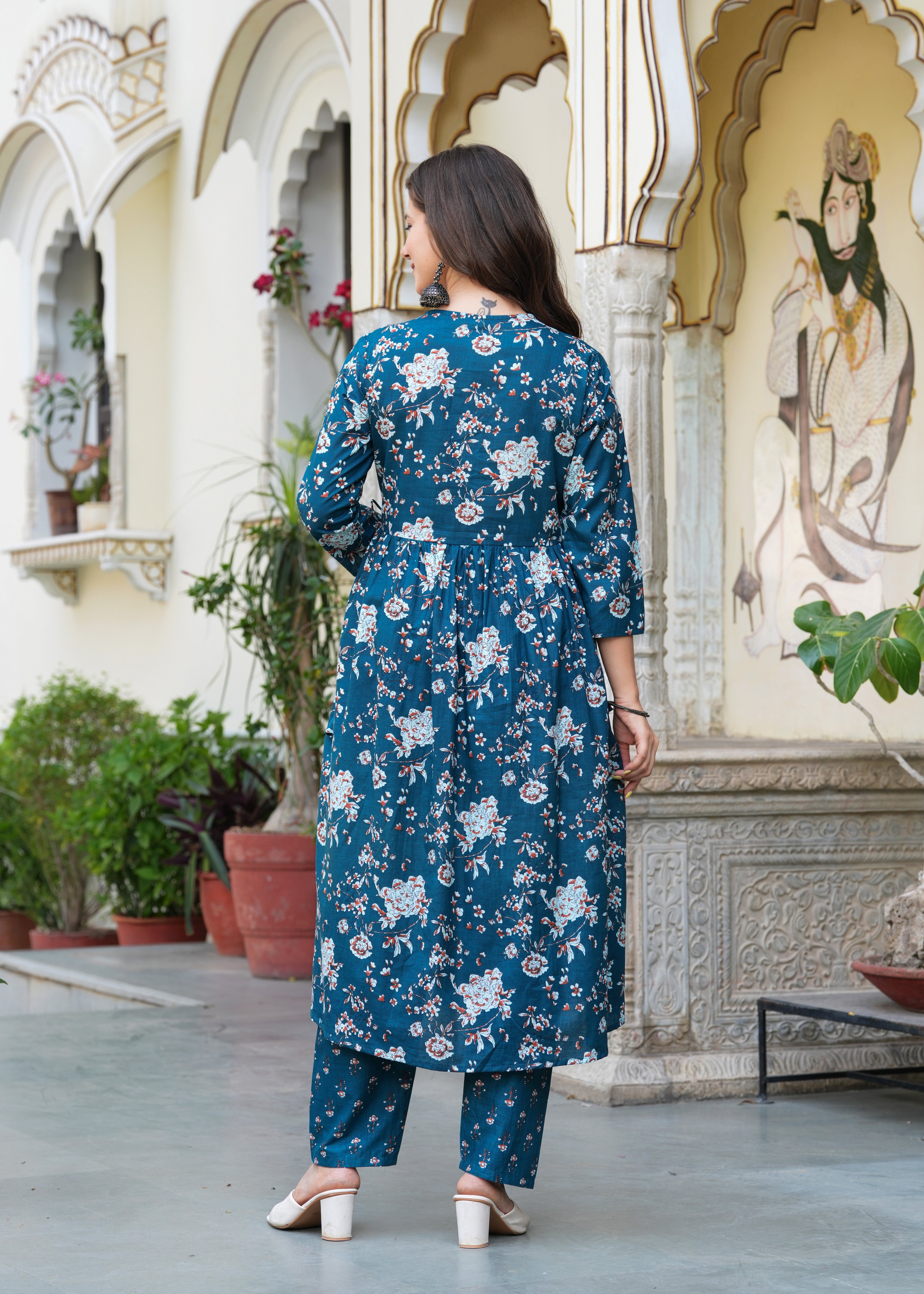 Blue Cotton Angrakha Style Kurta, Pant And Dupatta Set