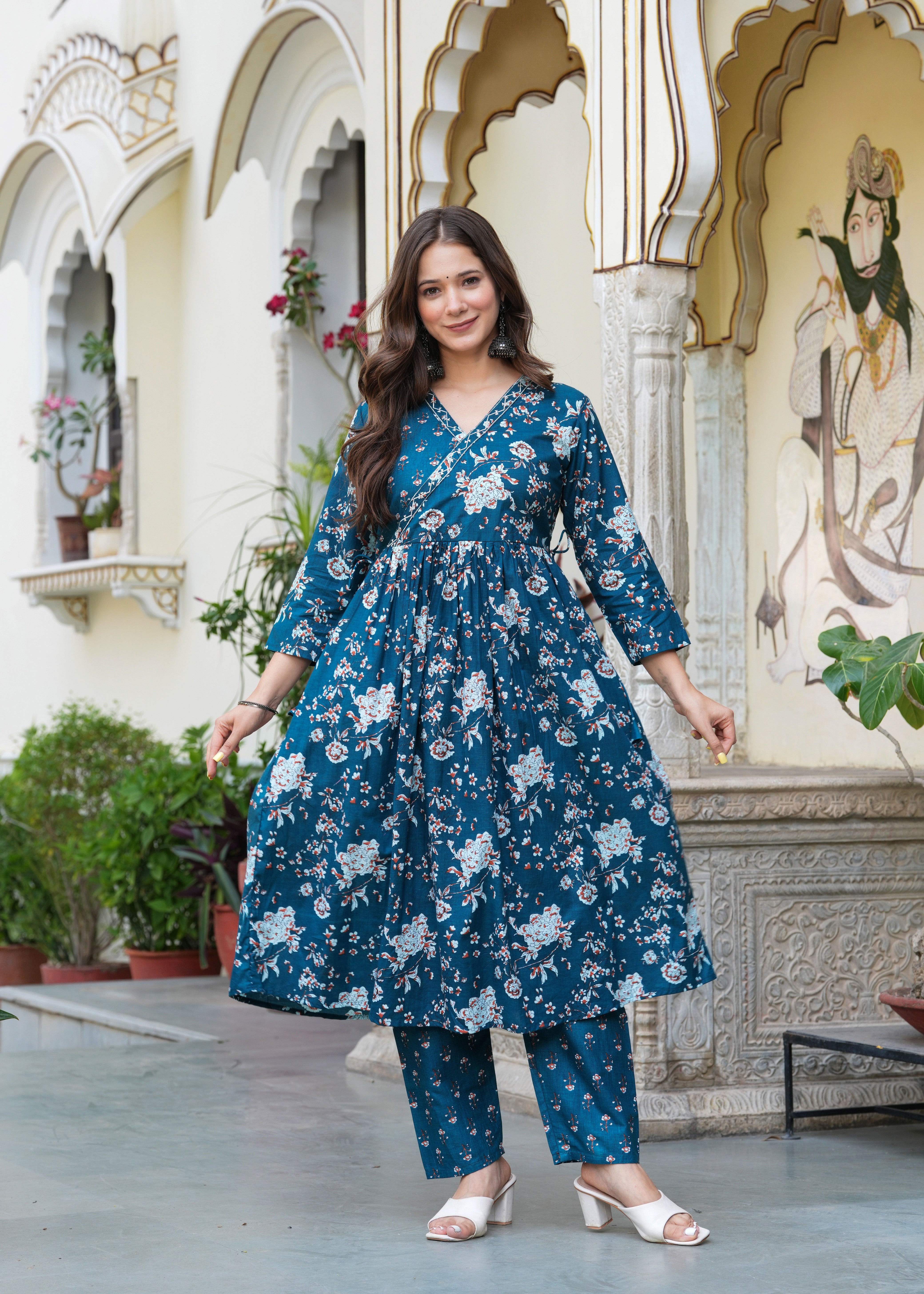 Blue Cotton Angrakha Style Kurta, Pant And Dupatta Set