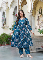 Blue Cotton Angrakha Style Kurta, Pant And Dupatta Set