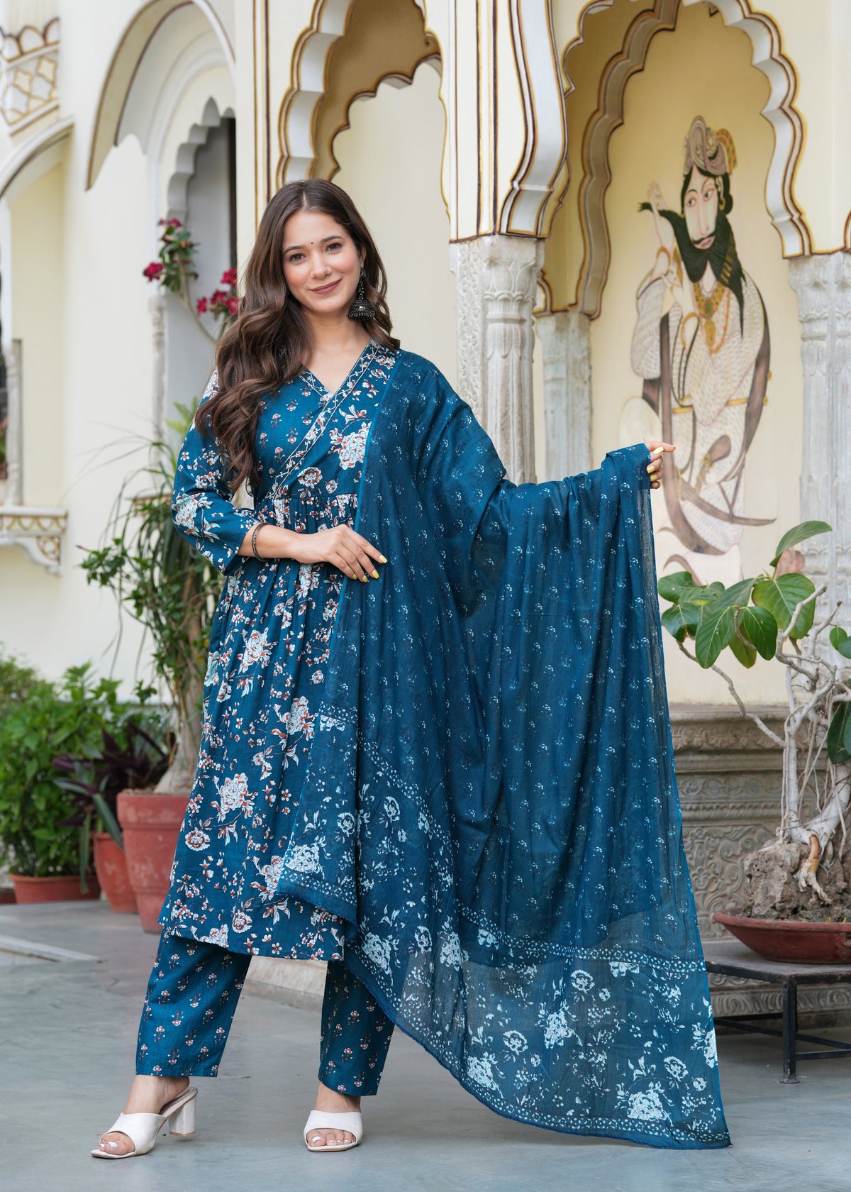 Blue Cotton Angrakha Style Kurta, Pant And Dupatta Set