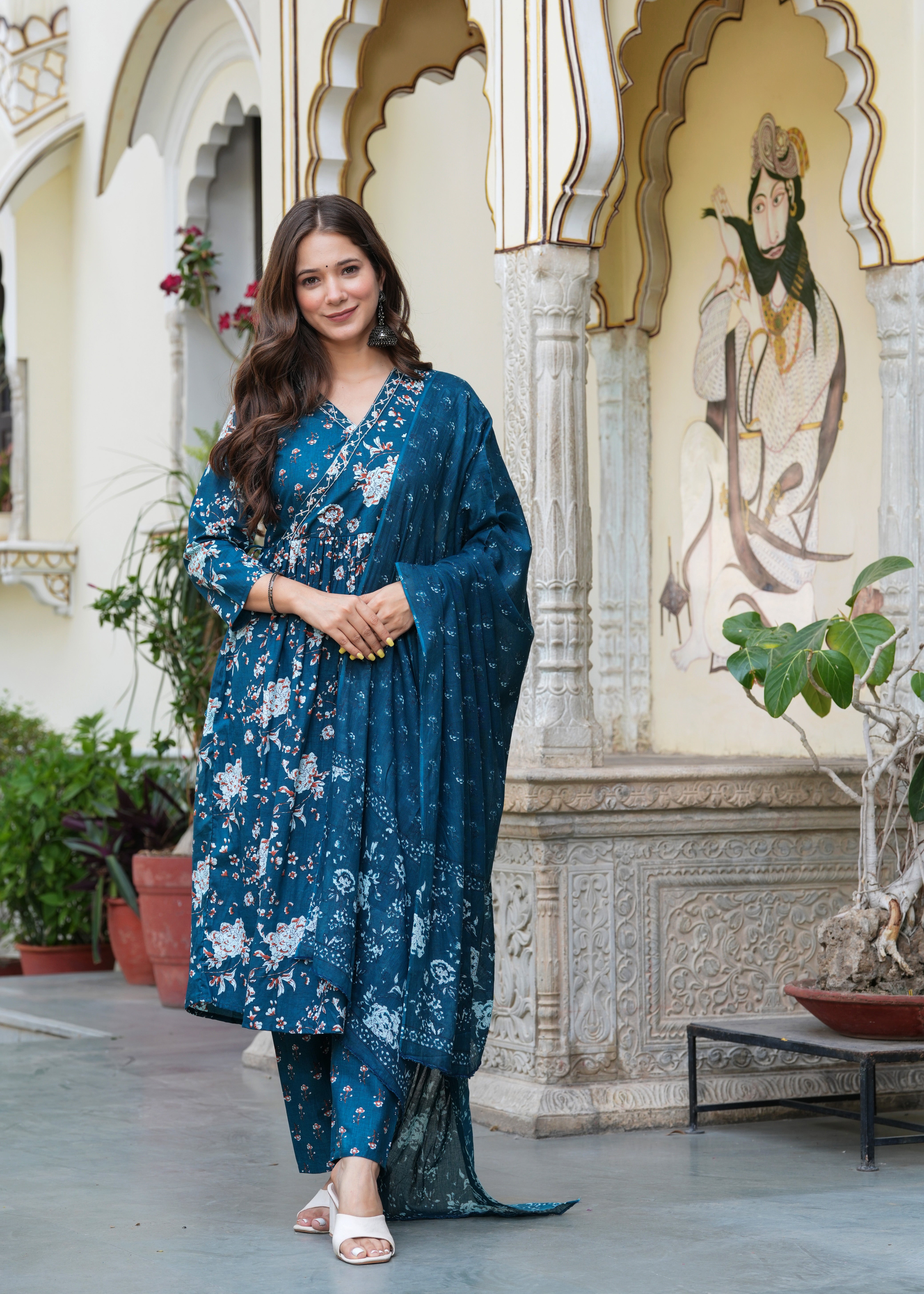 Blue Cotton Angrakha Style Kurta, Pant And Dupatta Set
