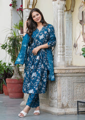 Blue Cotton Angrakha Style Kurta, Pant And Dupatta Set