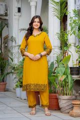 Women's Mustard Yellow Embroidered Kurta Set with Printed Dupatta