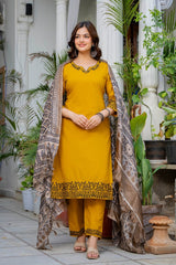 Women's Mustard Yellow Embroidered Kurta Set with Printed Dupatta