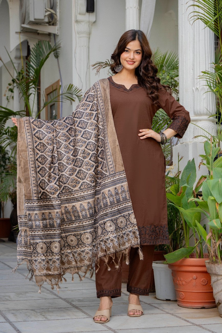 Women's Coffee Brown Embroidered Straight Kurta Set with Block Printed Dupatta
