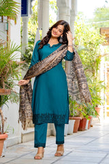 Women's Teal Embroidered Kurta Set with Printed Dupatta