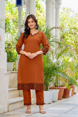 Women's Rust Brown Embroidered Kurta Set with Block Printed Dupatta