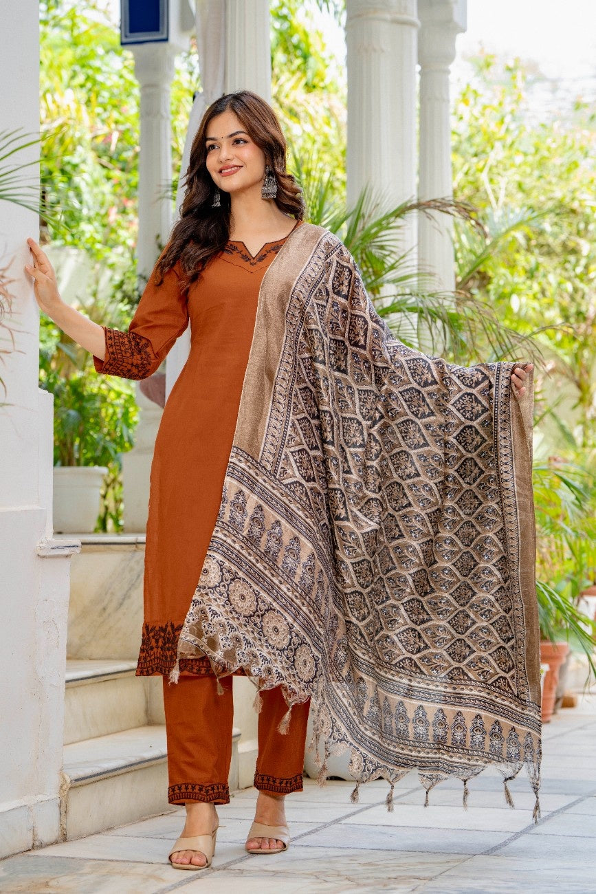 Women's Rust Brown Embroidered Kurta Set with Block Printed Dupatta