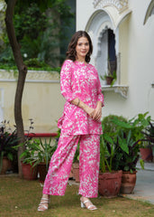 Pink Tropical Print Cotton Co-Ord Set