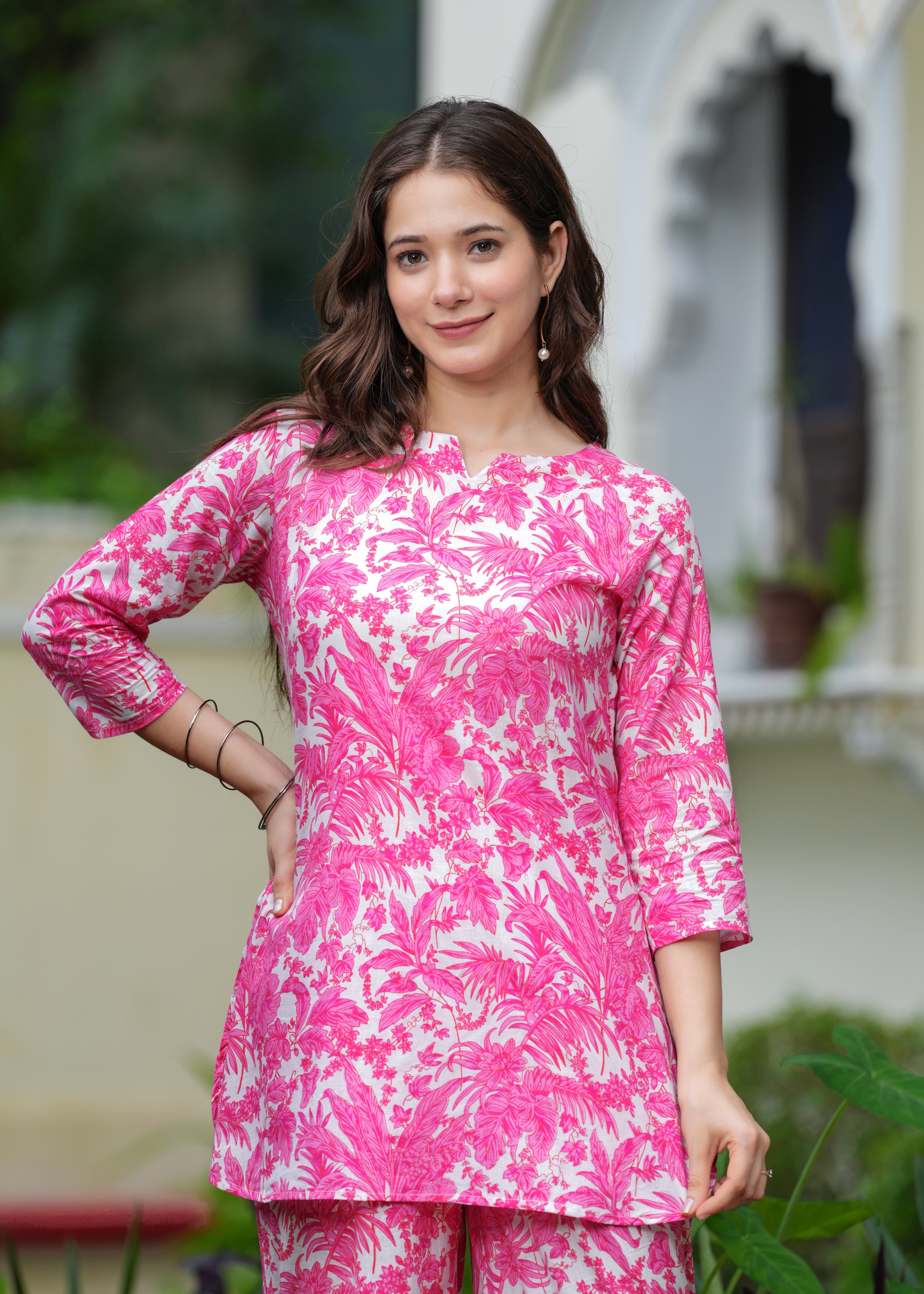 Pink Tropical Print Cotton Co-Ord Set