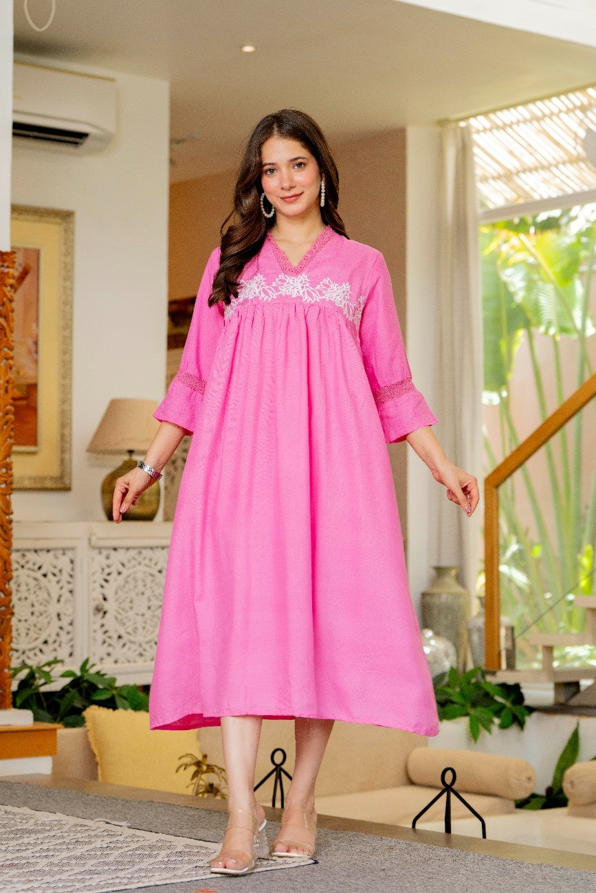 Women's Pink Floral Embroidered Gown