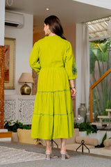 Women's Lime Green Embroidered Tiered Midi Dress