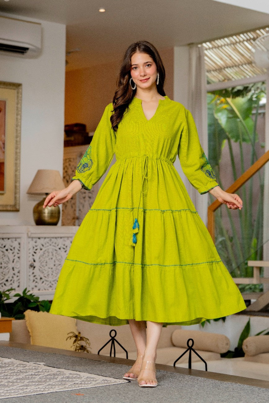 Women's Lime Green Embroidered Tiered Midi Dress