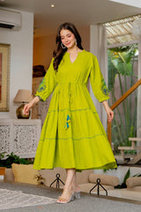 Women's Lime Green Embroidered Tiered Midi Dress