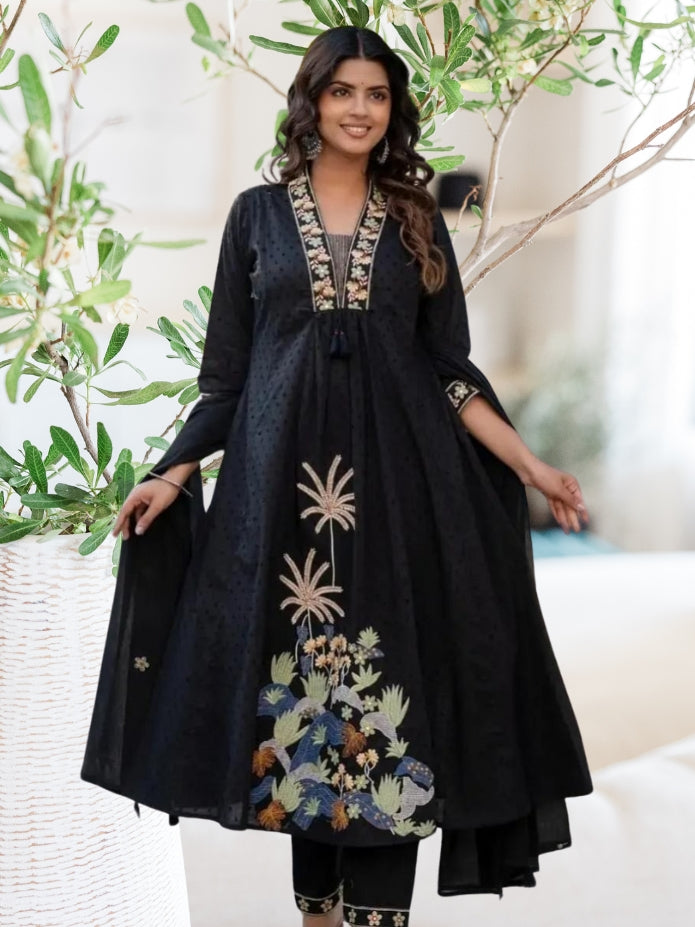 Black Embroidered Ram Boota Kurta and Pant Set with Dupatta