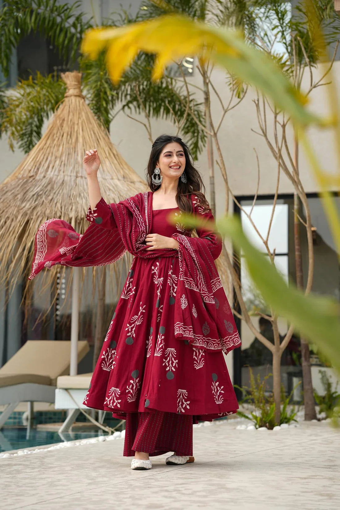 Gulbagh Maroon Handblock Anarkali Set