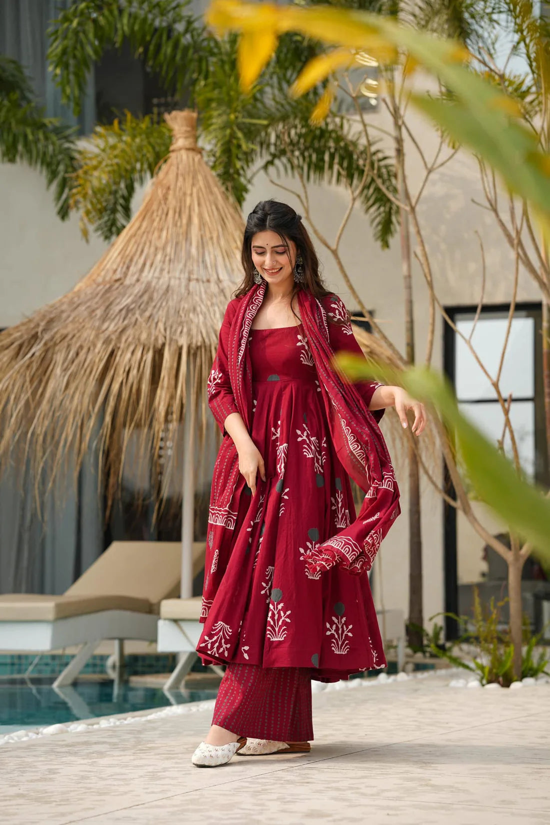 Gulbagh Maroon Handblock Anarkali Set