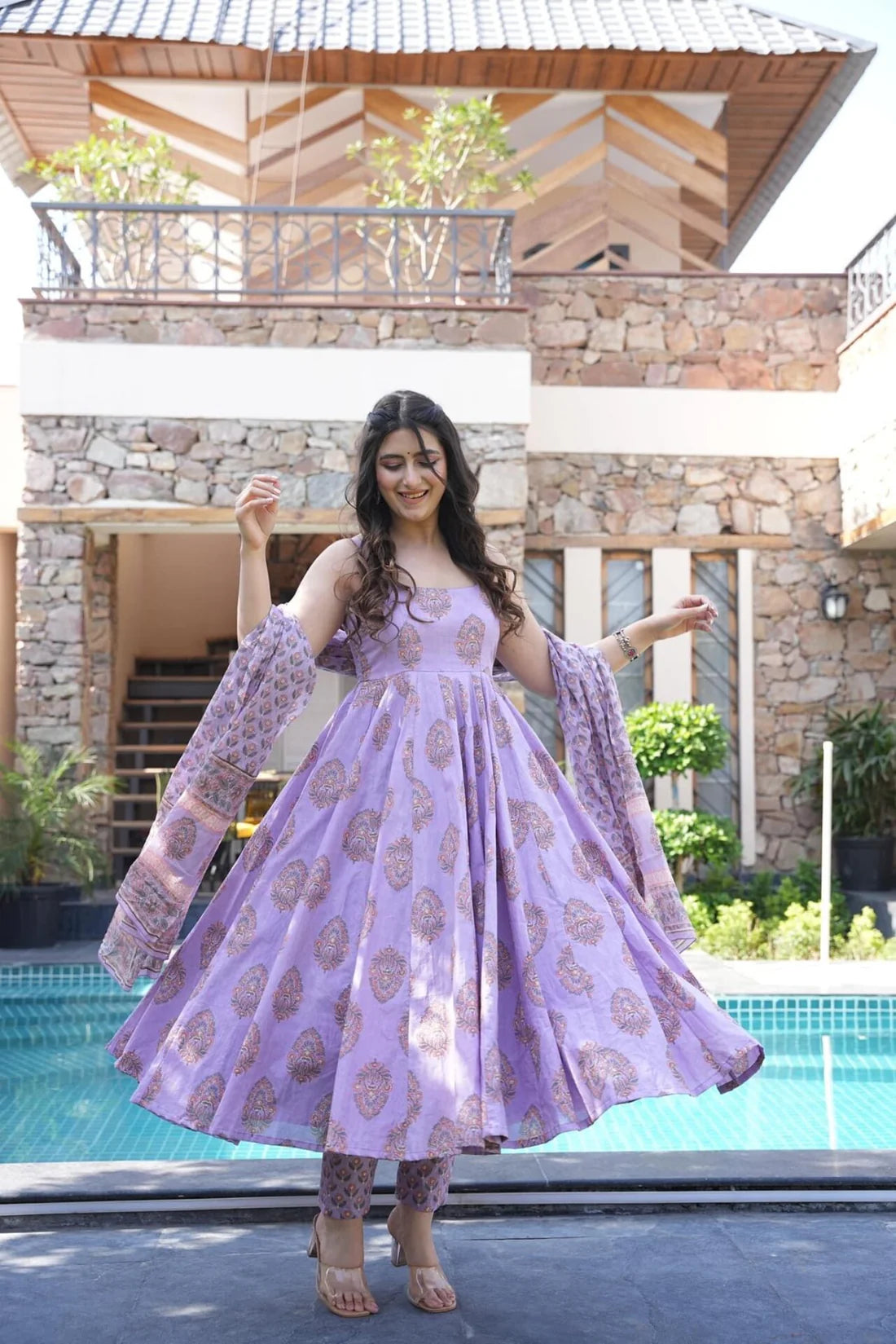 Lavender Cotton Anarkali Dupatta Set